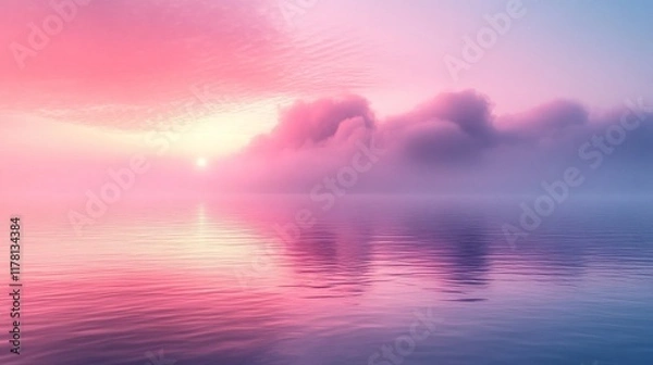 Fototapeta Pink Sunrise Over Calm Water With Misty Clouds