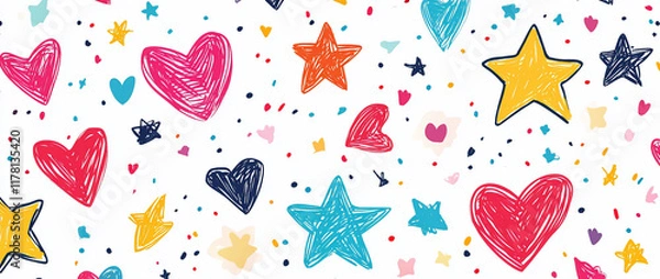 Fototapeta Colorful hand-drawn hearts and stars pattern. (1)