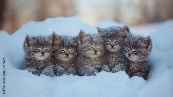 Obraz 5 frozen kittens are sitting in the snow and huddle together to keep warm from the cold