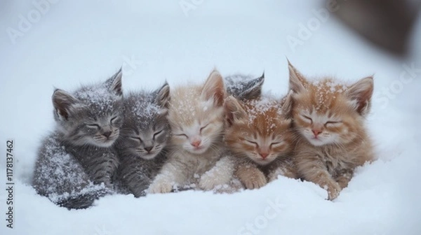 Obraz 5 frozen kittens are sitting in the snow and huddle together to keep warm from the cold