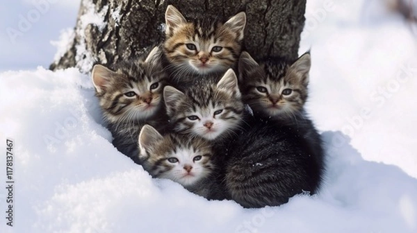 Obraz 5 little kittens are lost and very cold. They are sitting in the snow under a tree and huddle together to keep warm from the cold