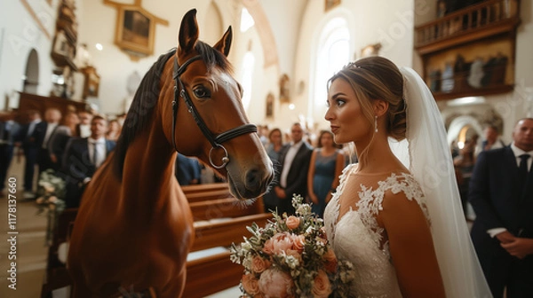 Obraz bride and a horse in a church