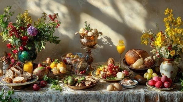 Fototapeta Elegant easter feast table with decorated eggs and fresh florals