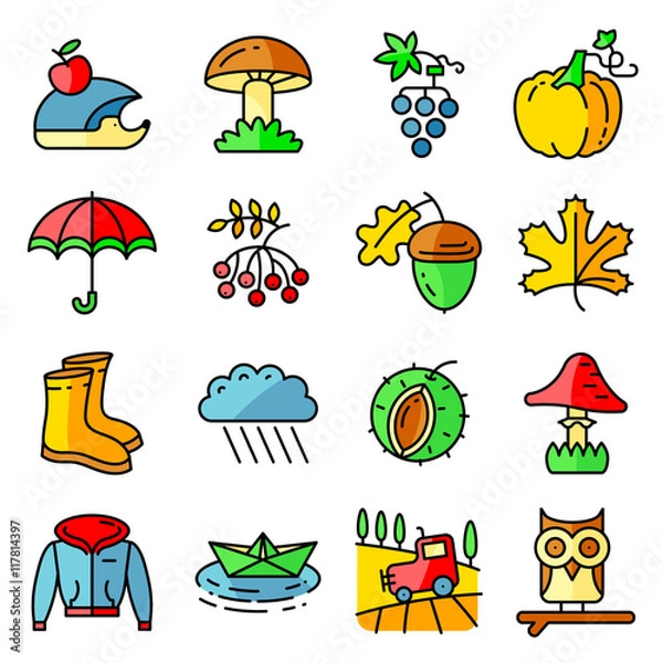 Fototapeta Fall season colorful thin and simply icons set. Autumn plants and nature season specific