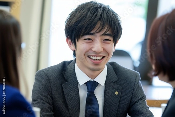 Fototapeta Young businessman wearing suit and tie is smiling and talking with colleagues during a business meeting in a bright office environment, showing teamwork and collaboration