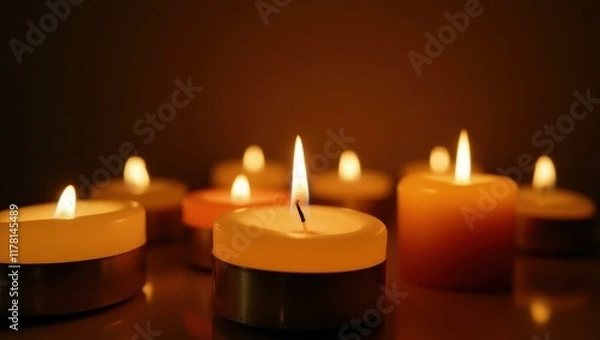 Fototapeta Soft Glow. Soy candle wax Frequency healing Warmer Lamp Flame diffuser Sound bath Wellness retreat Anecdote Candles Asmr skincare Alma therapy Vellabox Warm tea light glowing softly, romantic ambianc