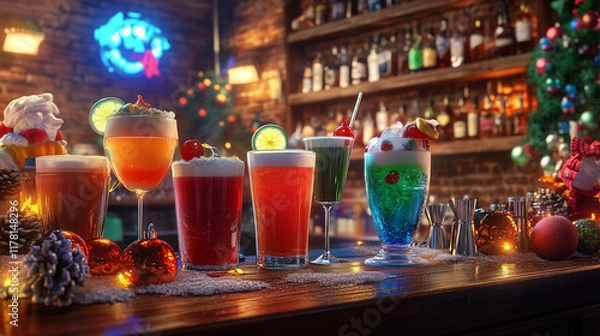 Fototapeta Festive bar scene with a variety of colorful drinks and holiday-1