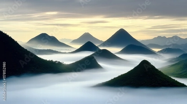 Fototapeta A dramatic view of misty mountains with dense fog rolling through the valleys and peaks silhouetted against a soft, gray sky.