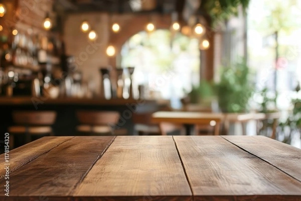 Fototapeta Blank wooden table backdrop with a blurred cafe scene