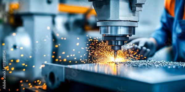 Fototapeta High-Precision CNC Machine Cutting Metal with Sparks