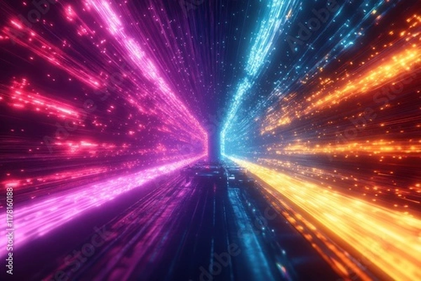 Fototapeta Colorful light beams create a vibrant tunnel effect in a digital abstract landscape at night. Generative AI
