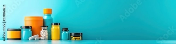 Obraz Fitness supplements in an organized arrangement with vibrant blue gradient background