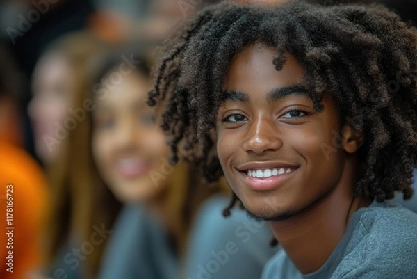 Obraz group of empowered african american high school students collaboratively engaged in community service showcasing teamwork and leadership with a backdrop of their vibrant school environment