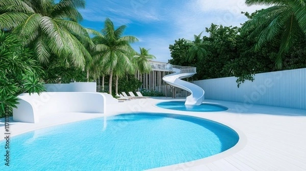 Fototapeta Modern pool area with slide surrounded by palm trees and greenery.