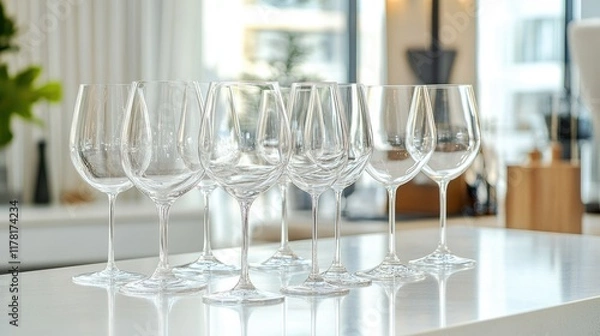 Obraz A collection of empty wine glasses displayed on a modern white countertop with a blurred background.