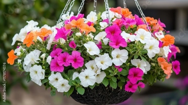 Fototapeta A colorful arrangement of real hanging flower bushes with white, pink, and orange blooms.