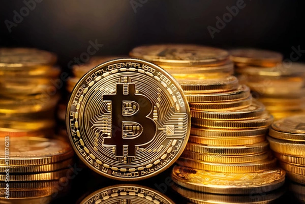 Fototapeta Crypto Stacks in front of stock exchange curve