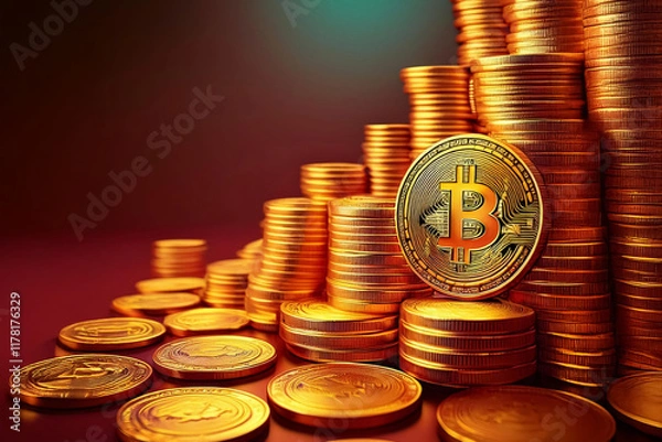 Fototapeta Crypto Stacks in front of stock exchange curve