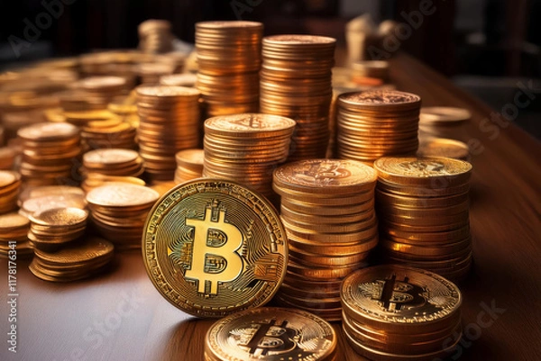 Fototapeta Crypto Stacks in front of stock exchange curve