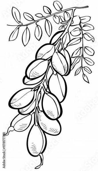 Fototapeta Hand-drawn black and white illustration of indigo plant branch with leaves and fruit. Ideal for botanical prints, textile designs, or educational materials.