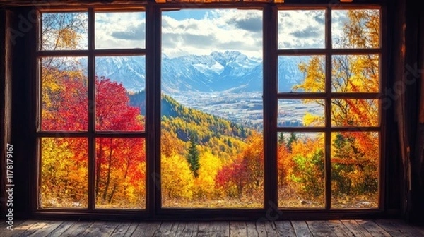 Fototapeta A large rustic window revealing a stunning autumn landscape of colorful leaves and snowy mountains.
