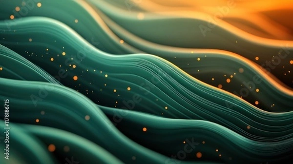 Obraz Abstract waves of green and orange flow smoothly in a dynamic pattern beneath a warm glow. Generative AI