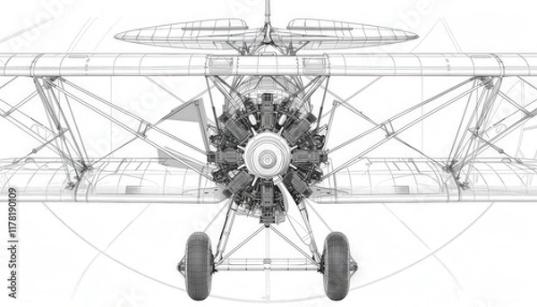 Fototapeta Blueprint drawing of a vintage biplane showcasing its front view with a detailed radial engine and structural components. Ideal for aviation enthusiasts and technical illustrations.