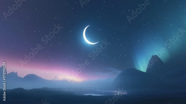 Fototapeta Crescent moon, aurora borealis, and misty mountains at night.