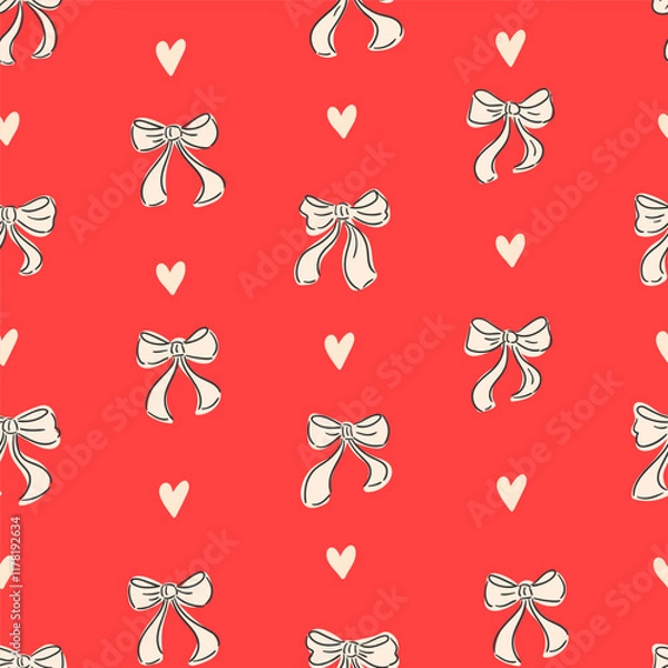 Obraz Bows and hearts seamless pattern for Valentines day. Preppy coquette repeat background. Cute romantic print, lovely wallpaper. Hand drawn bow knots, textile, gift paper. Vector illustration.