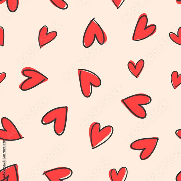 Obraz Cute doodled valentines day love themed seamless repeat pattern. Random placed, vector icons like hearts, stars, wording, arrows, flowers, rainbows, lips. Cartoon all over print on pink background.