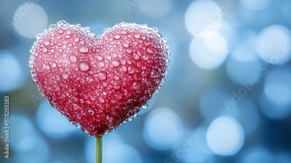 Obraz A vibrant heart shaped object glistens with droplets, set against a soft blue bokeh background, creating a feeling of love and tranquility in the air