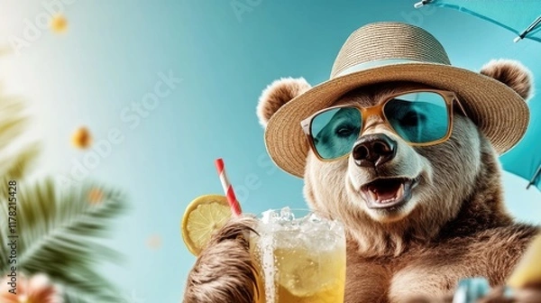 Fototapeta Bear in straw hat enjoying a refreshing lemonade on a sunny day