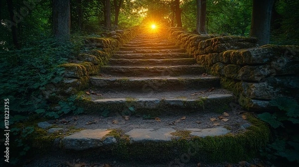 Fototapeta Stone Steps Leading Through A Sunlit Forest