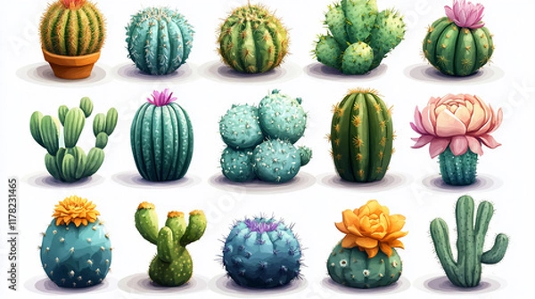 Fototapeta Collection of various cacti illustrations.