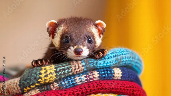 Obraz ferret peeking out from colorful pile of knitted blankets, playful and curious