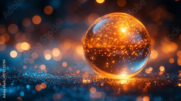 Fototapeta A small metallic shiny sphere gleams with captivating light creating a mesmerizing abstract and futuristic technological background with blurred caption space on the side

