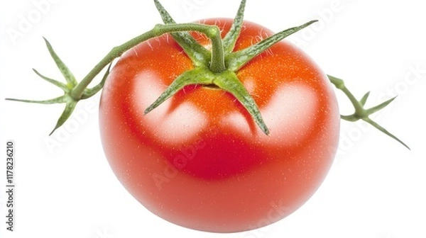 Obraz A vibrant red tomato with green stems, showcasing freshness.