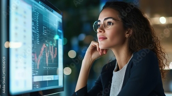 Fototapeta Young attractive mixed race businesswoman working at night at her company office in front of computer screens