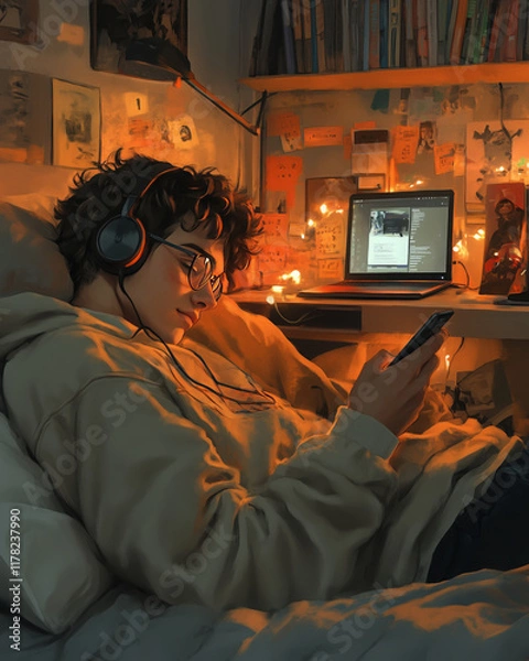 Obraz Relaxing in Dorm Room with Headphones and Phone
