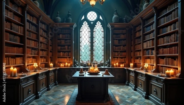 Obraz Large dark vintage library with ornate wooden bookshelves filled with aged books. Candles illuminate room creating mystical ambiance. Central table with glassware, objects suggests place for study