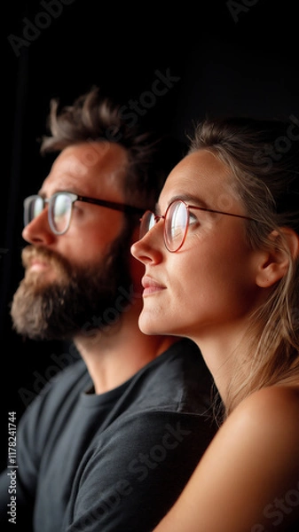 Fototapeta Couple sitting quietly together on a couch in a dimly lit room during evening hours