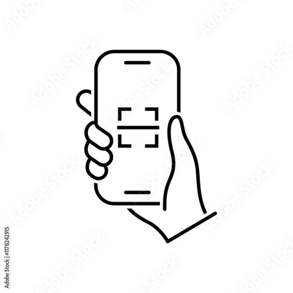 Obraz Scanning code process in line style icon. Hand holding Mobile phone PNG symbol. QR code scanning in smartphone screen signs vector illustration for apps and website