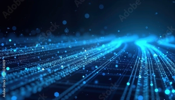 Fototapeta Abstract blue tech background shows fast data flow. Futuristic network design with glowing lines, dots. Dynamic lines illustrate speed, data communication. Modern illustration shows fast data flow
