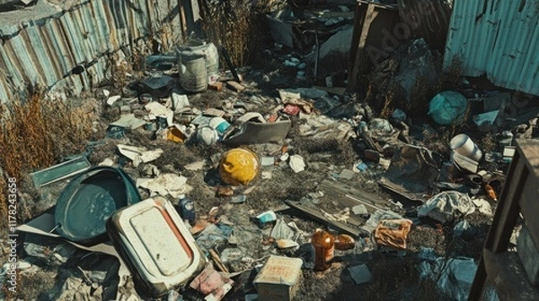 Fototapeta A cluttered area filled with various types of trash and debris.