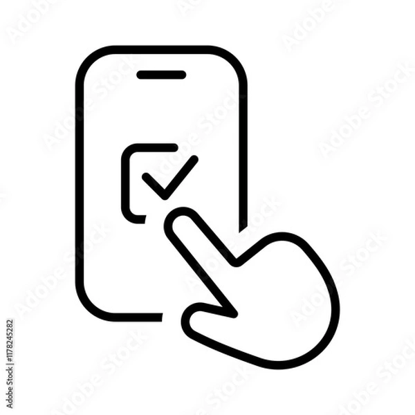 Obraz Mobile phone with check mark in line style icon. Successful payment, checkmark PNG symbol. Business, digital online payments and technology signs. vector illustration for apps and website