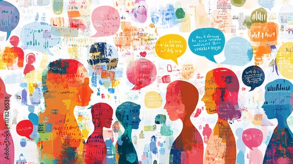 Fototapeta A multilingual conversation between abstract human figures, with colorful speech bubbles filled with words in various languages. 