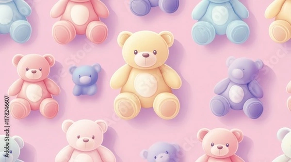 Fototapeta A colorful arrangement of cartoon-style teddy bears on a pink background.