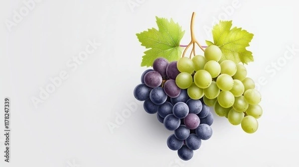Obraz A cluster of green and purple grapes with leaves on a white background.