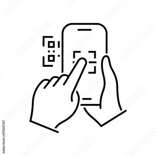 Obraz QR code scanning mobile phone in line style icon. Barcode scanner for pay PNG symbol. Hand holding scan QR code signs. vector illustration for apps and website