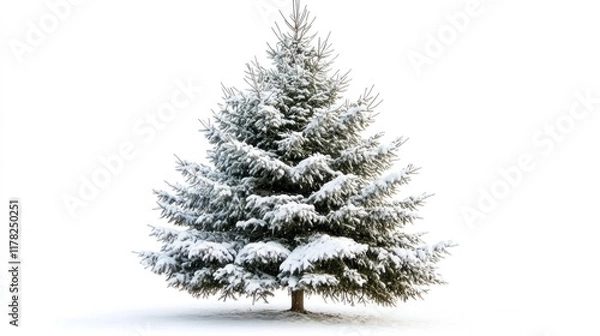 Fototapeta Snow-covered evergreen tree isolated on white.